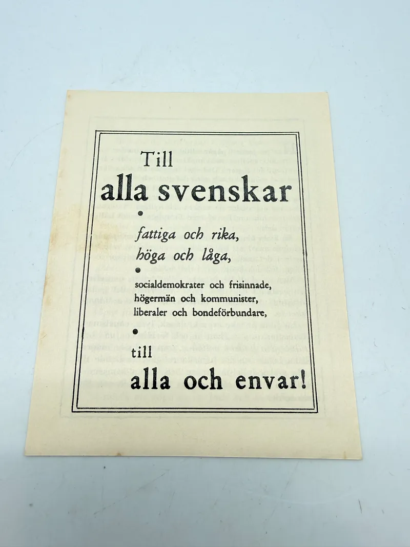 Svensk Nazistisk løbeseddel WW2, ekstremt sjælden