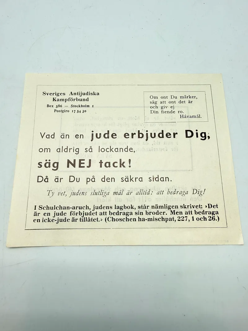 Svensk Nazistisk løbeseddel WW2, ekstremt sjælden