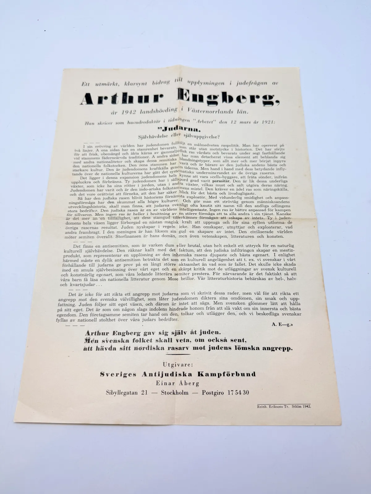 Svensk Nazistisk løbeseddel WW2, ekstremt sjælden