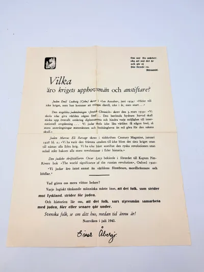 Svensk Nazistisk løbeseddel WW2, ekstremt sjælden