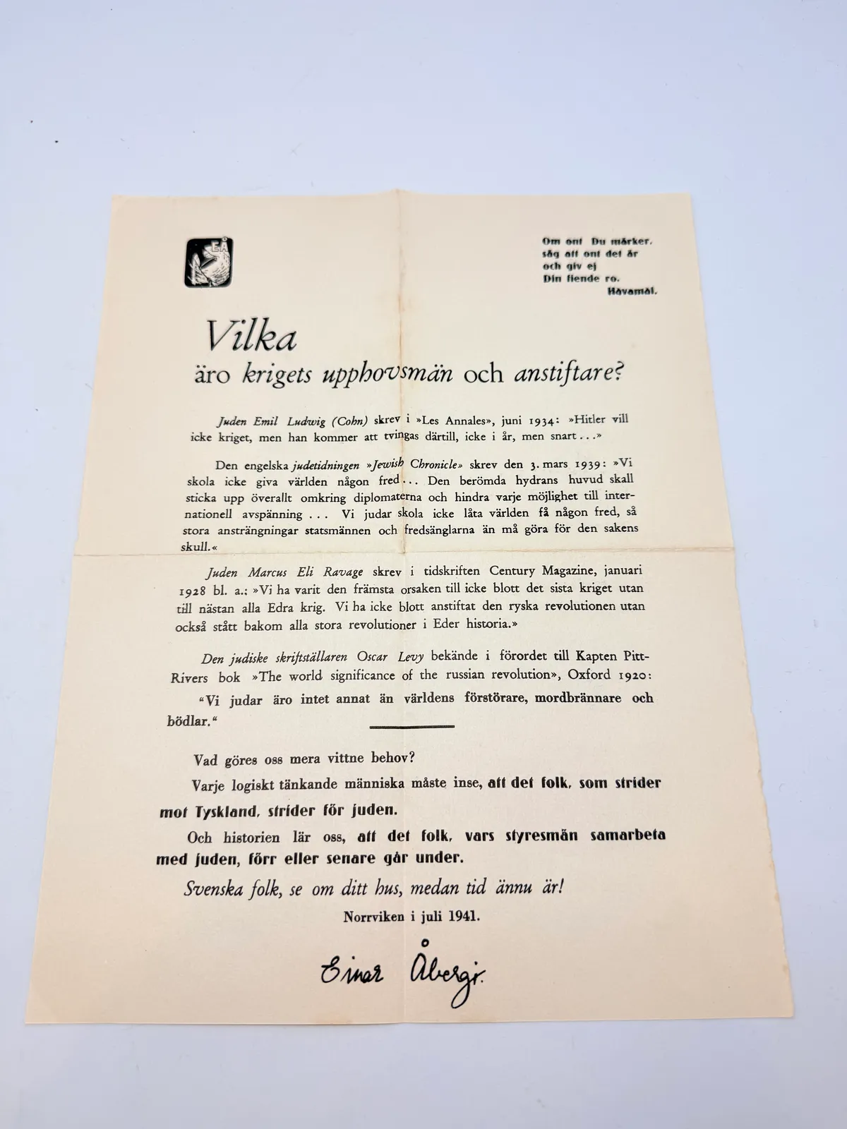 Svensk Nazistisk løbeseddel WW2, ekstremt sjælden