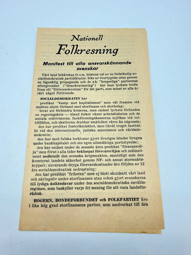 Svensk Nazistisk løbeseddel WW2, ekstremt sjælden