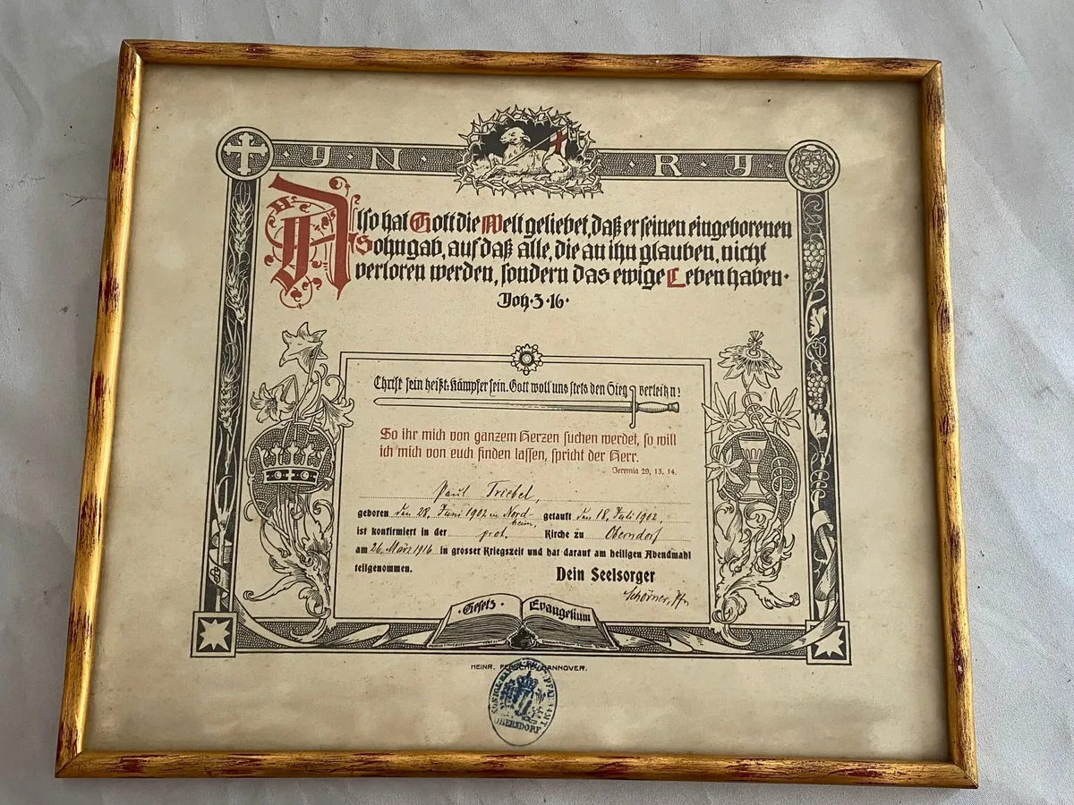 Originalt tysk konfirmations bevis fra 1916