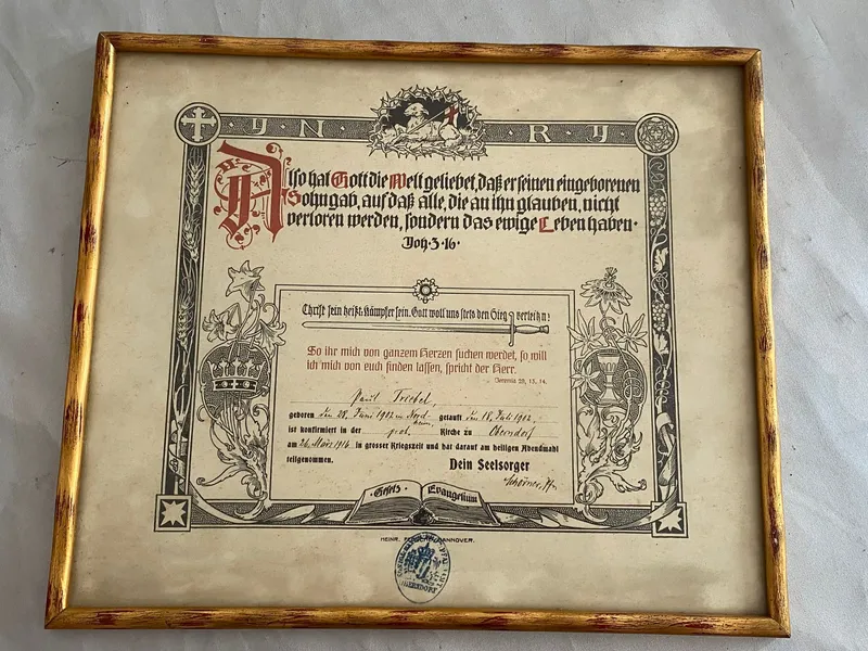 Originalt tysk konfirmations bevis fra 1916