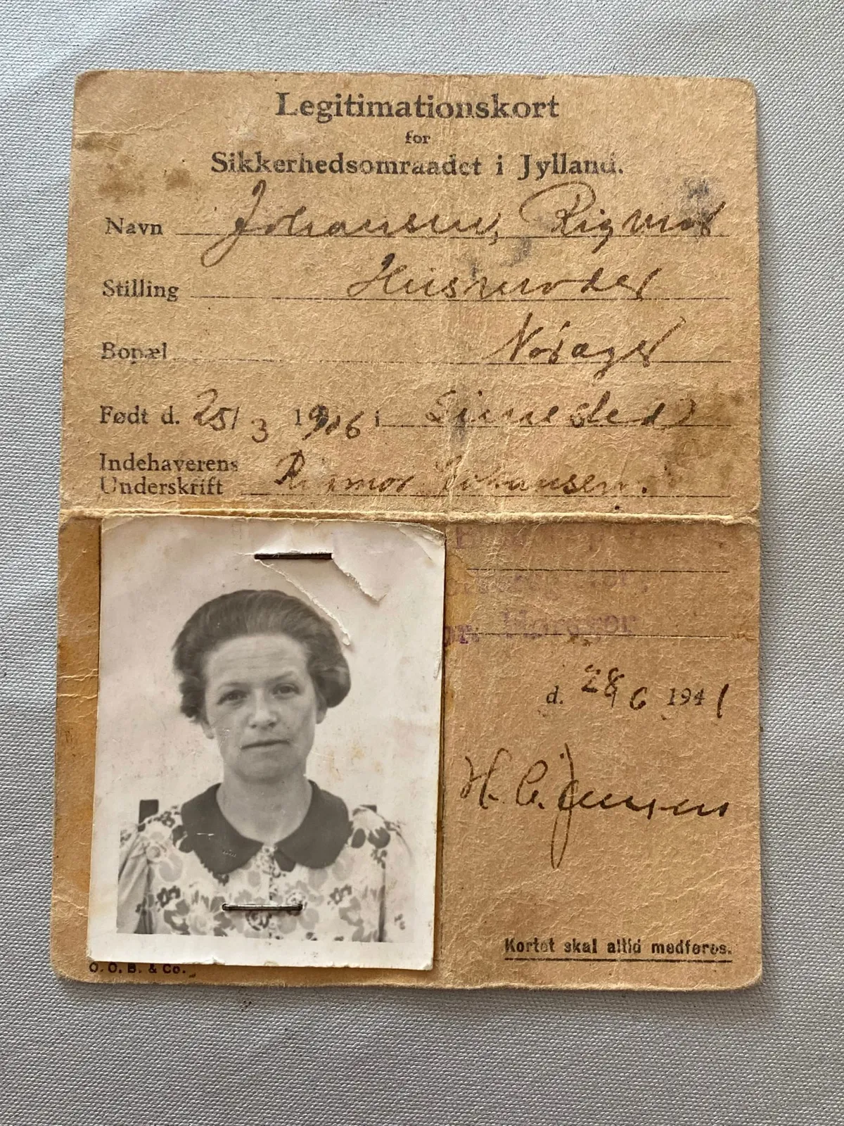 Originalt ww2 legitimationskort for sikkehedsrådet i Jylland