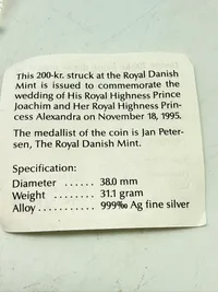 200 kr. i sølv, prins Joachims bryllup 1995, 31 gram 0.999 lødighed