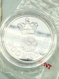 200 kr. i sølv, dronning Margrethes 50 års fødselsdag 1990, 31 gram 0.999 lødighed