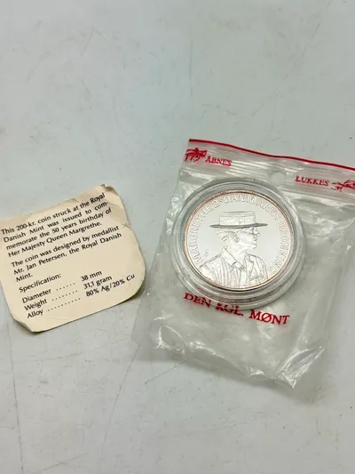 200 kr. i sølv, dronning Margrethes 50 års fødselsdag 1990, 31 gram 0.999 lødighed