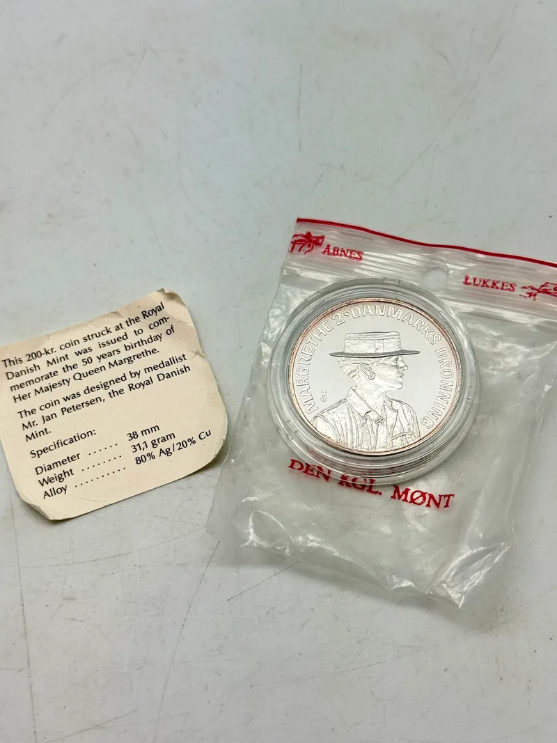 200 kr. i sølv, dronning Margrethes 50 års fødselsdag 1990, 31 gram 0.999 lødighed