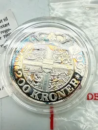 200 kr. i sølv, dronning Margrethes 25-års regeringsjubilæum 1997, 31 gram 0.999 lødighed
