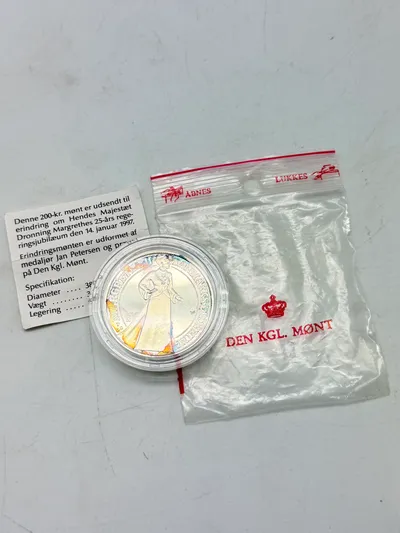 200 kr. i sølv, dronning Margrethes 25-års regeringsjubilæum 1997, 31 gram 0.999 lødighed