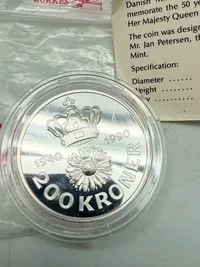 200 kr. i sølv, dronning Margrethes 50-års fødselsdag 1990, 31 gram 0.999 lødighed
