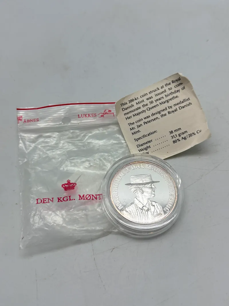 200 kr. i sølv, dronning Margrethes 50-års fødselsdag 1990, 31 gram 0.999 lødighed