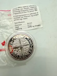 200 kr. i sølv, dronning Margrethes 25-års regeringsjubilæum 1997, 31 gram 0.999 lødighed