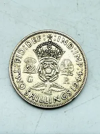 Engelsk 2 shilling 1944 i sølv, 11 gram 0.500 lødighed