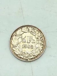 Schweizisk halvfrank 1942 i sølv, 2,5 gram 0.835 lødighed