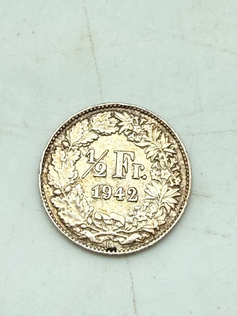 Schweizisk halvfrank 1942 i sølv, 2,5 gram 0.835 lødighed
