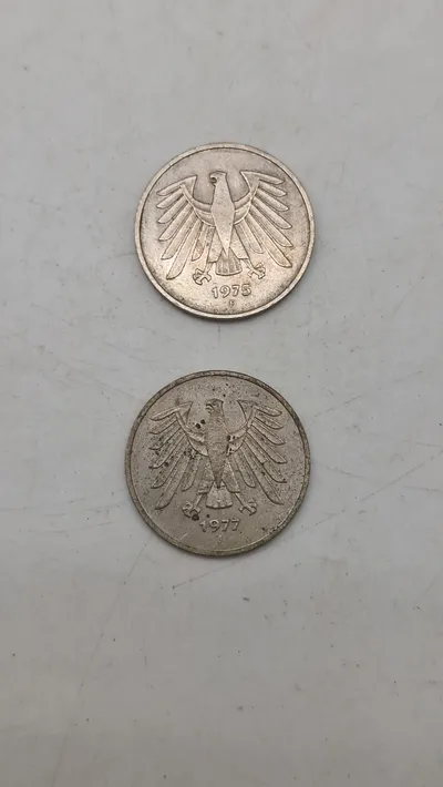 Pair of West German 1 Deutsche Mark Coins, 1975-F and 1977-J