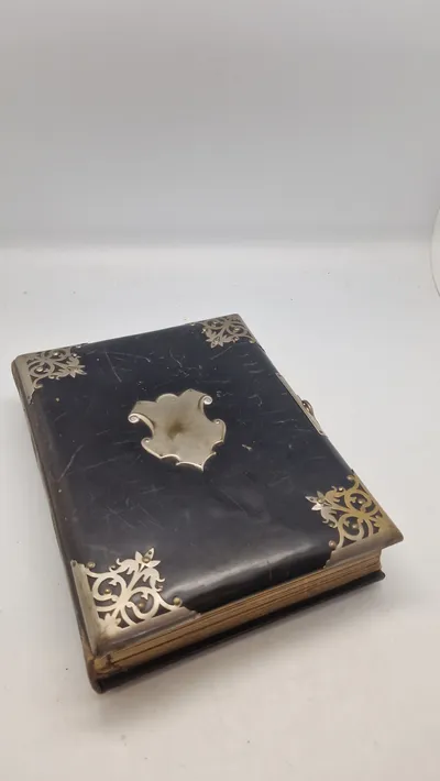 Victorian Leather Photo Album with Silver-Plated Filigree Corners and Shield