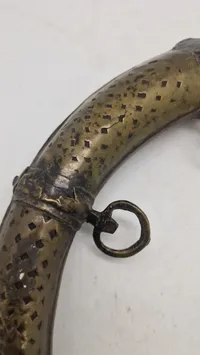 Antique Indo-Persian Pierced Brass Powder Flask — Curved Horn Form