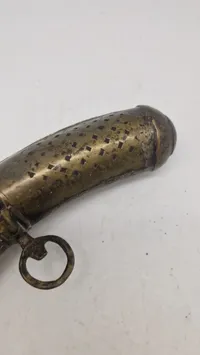 Antique Indo-Persian Pierced Brass Powder Flask — Curved Horn Form