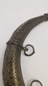 Antique Indo-Persian Pierced Brass Powder Flask — Curved Horn Form