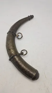 Antique Indo-Persian Pierced Brass Powder Flask — Curved Horn Form