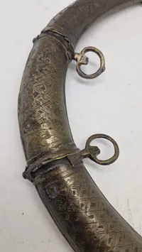 Antique Indo-Persian Pierced Brass Powder Flask — Curved Horn Form