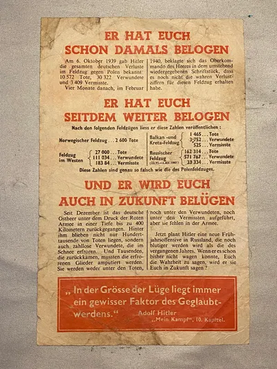 Originalt antinazistisk propaganda skrevet på tysk og kastet ned over større tyske byer som Berlin, Hamborg mm.