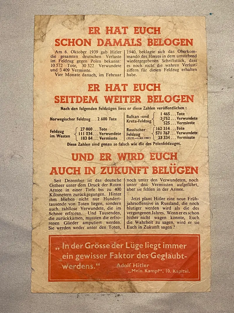 Originalt antinazistisk propaganda skrevet på tysk og kastet ned over større tyske byer som Berlin, Hamborg mm.