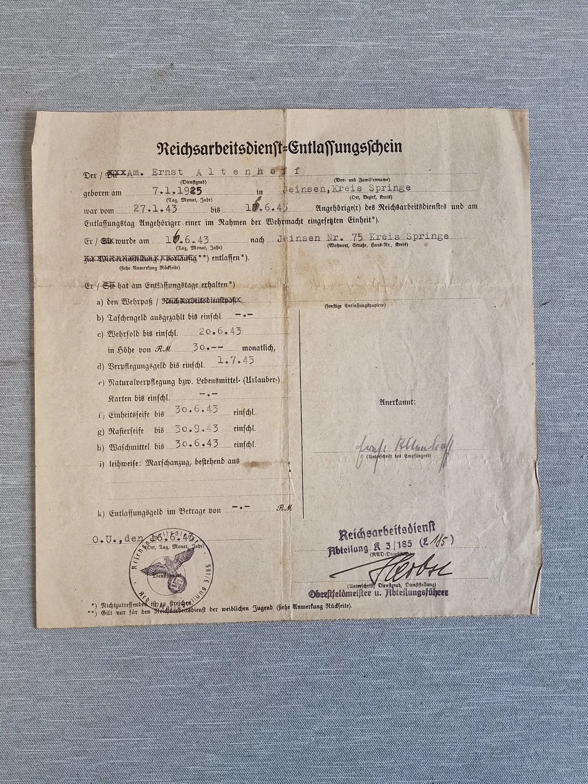 Originalt dokument - Reicharbeitsdienst