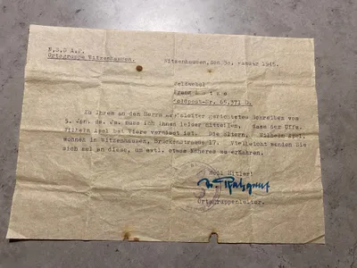 Originalt tysk brev fra 1945 hvor mand får afvide at hans kamerat er meldt savnet
