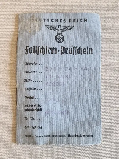 Originalt tysk faldskærms bevis - ww2 - Fundet i Dk