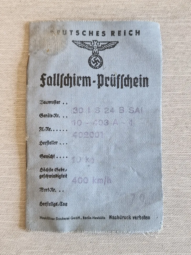Originalt tysk faldskærms bevis - ww2 - Fundet i Dk