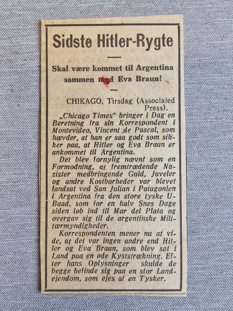 Sjovt avis udklip med teorien om Hitlers flugt til Argentina