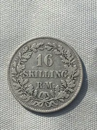Original 16 skilling sølvmønt år 1856