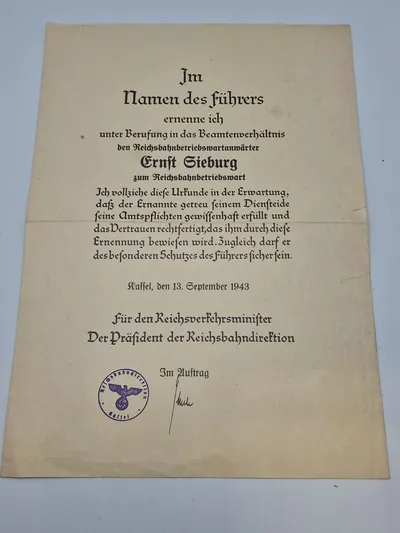 Originalt Tysk WW2 urkunde