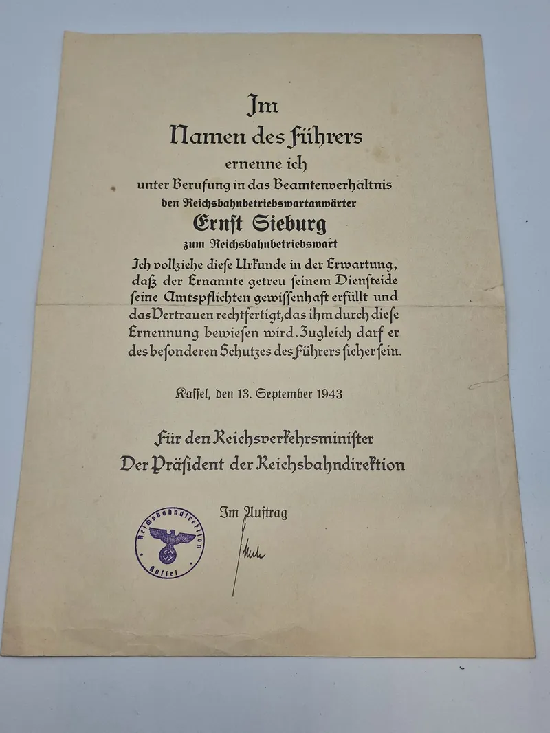 Originalt Tysk WW2 urkunde