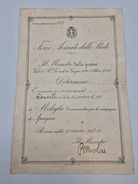 Sjælden original 1936 Italian Spanish Campaign Medal med tildelingsbevis