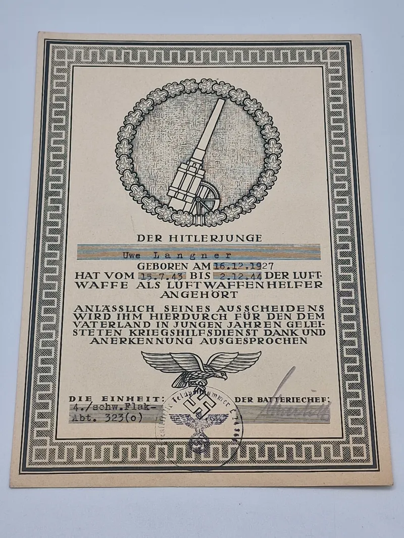 Originalt flak urkunde - ww2 Hitler Jugend