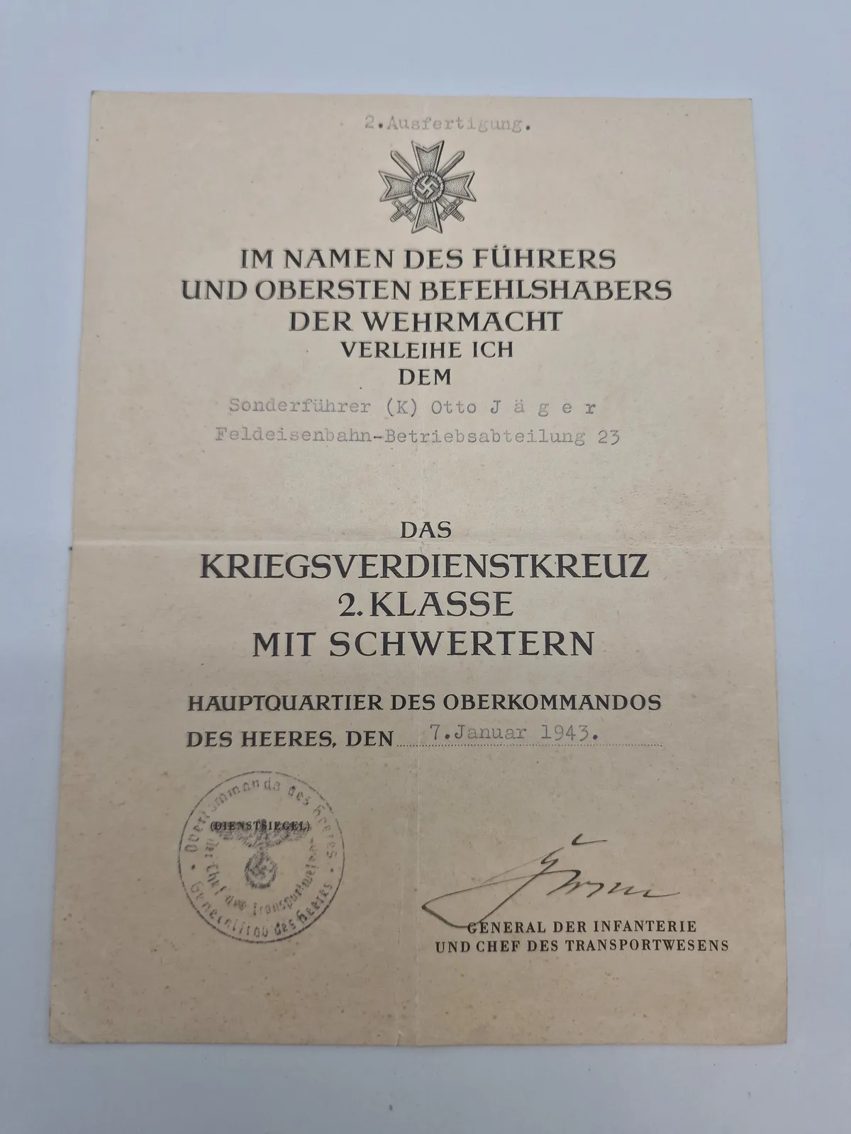 Originalt tysk urkunde for KVK - bemærk det er tildelt en “Sonderführer”