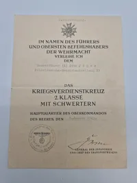 Originalt tysk urkunde for KVK - bemærk det er tildelt en “Sonderführer”