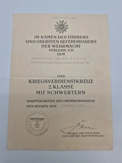 Originalt tysk urkunde for KVK - bemærk det er tildelt en “Sonderführer”