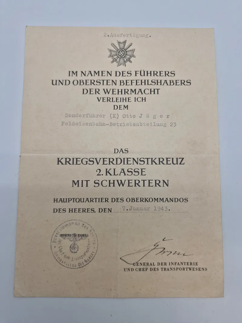Originalt tysk urkunde for KVK - bemærk det er tildelt en “Sonderführer”