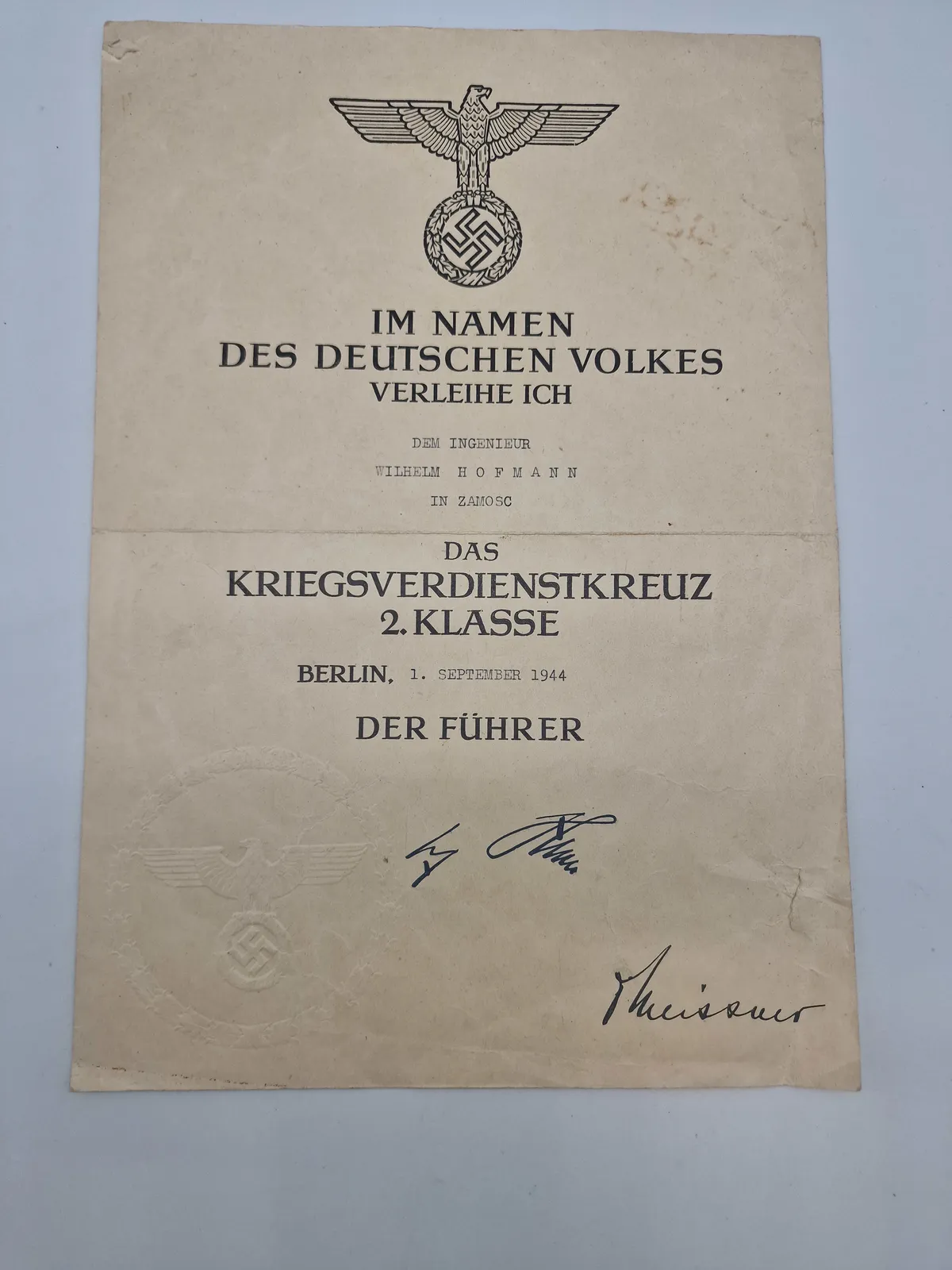 Originalt urkunde for KVK