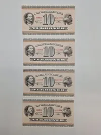 Samling Ucirkulererede danske 10 krone sedler med fortløbende numre