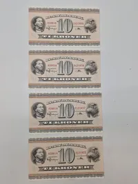 Samling Ucirkulererede danske 10 krone sedler med fortløbende numre