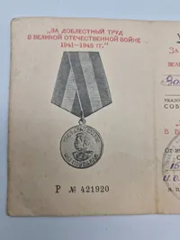 Original russisk medalje med tildelingsbevis - for deltagelse i den store fædrelandskrig