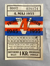 Togbillet fra 10 års dagen for Danmarks befrielse - 10 øre af denne billet gik til Frihedsfonden