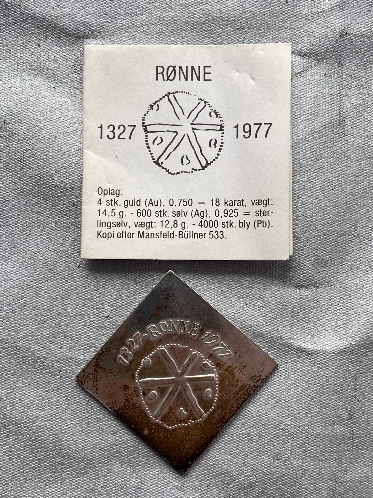 Rønne jubilæumsmønt 1327-1977 af Sterlingsølv (12,8 gram)